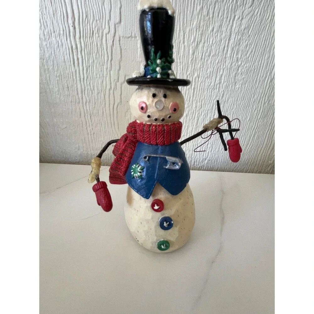 Uncle Artie Handmade Snowman Figurine Black Top Hat Red Scarf Christmas Decor